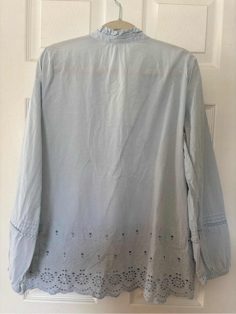 Loft Softened Light Blue Eyelet Trim Blouse XL Boho Peasant CottageCore Ruffle - Picture 6 of 8